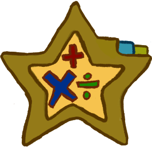 a star shaped folder with a yellow inside and a darker greenish outside with a tab of the same colour, a blue tab and a green tab with a blue X, red plus sign and green division sign